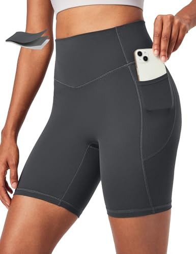 Ewedoos Compression Shorts for Women Spandex Biker Shorts Women Tummy Control with Pockets 6" No Front Seam Yoga Gym Workout Graphite Grey | Amazon (US)