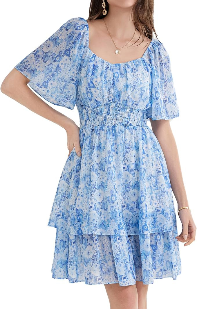 GRACE KARIN Women Summer Ruffle Short Sleeve Square Neck Flowy Tiered Smocked Swing A Line Boho F... | Amazon (US)