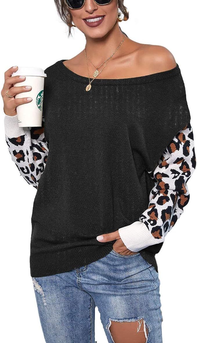 UEU Women's Long Sleeve Leopard Print Knitted Sweater Color Block Loose Pullover Tops | Amazon (US)