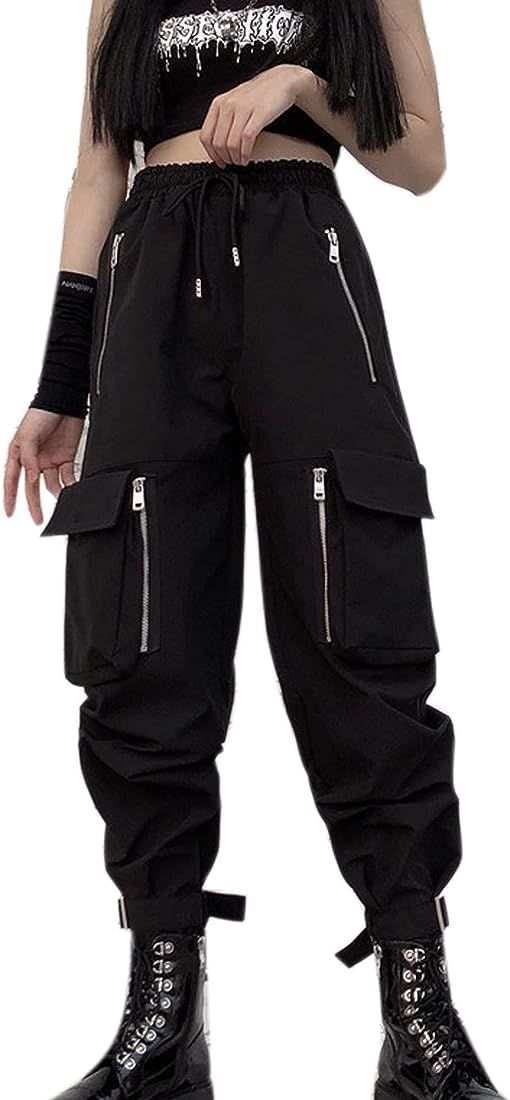 MEINVQIAOTI Black Cargo Pants Women Loose Chained Pants Multi-Pocket Multi-Zip Punk Goth Pants | Amazon (US)