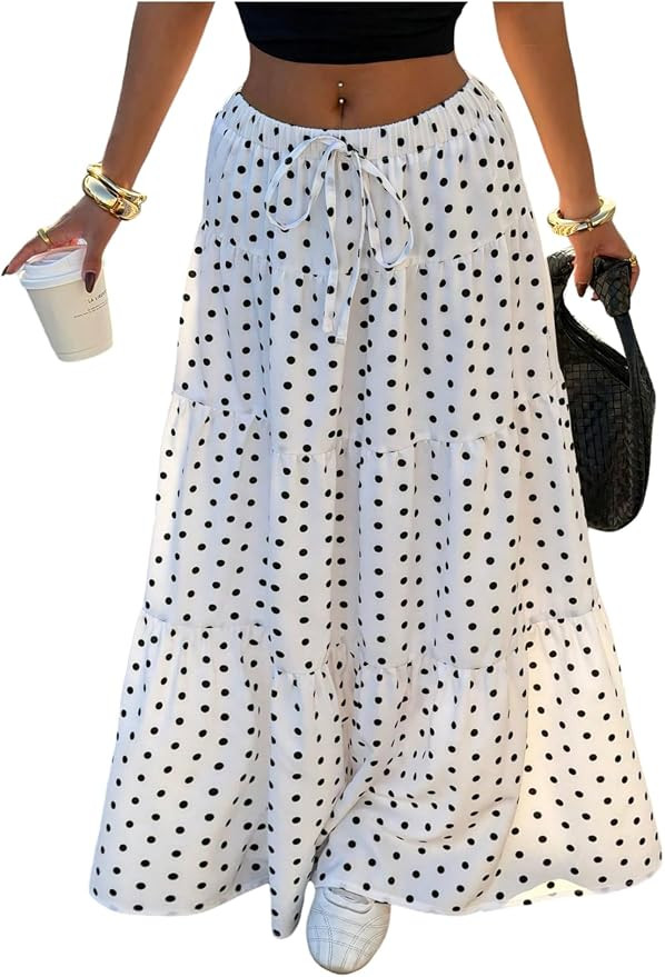 Floerns Women's Polka Dots Flowy Maxi Skirt Y2K Drawstring Waist Tiered Ruffle Going Out Skirts | Amazon (US)