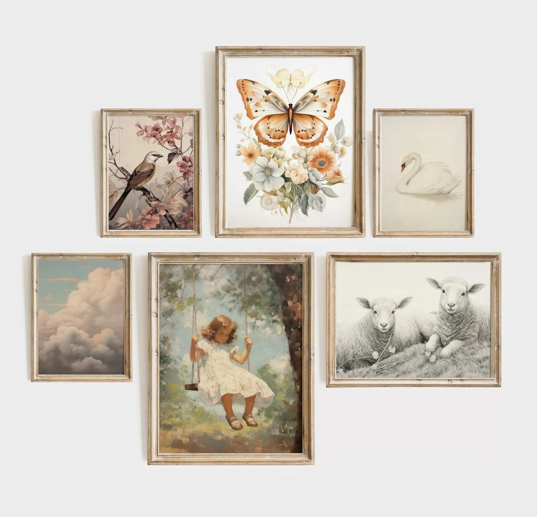 Vintage Girls Bedroom Prints Set of 6, Cottage Nursery Wall Art, Countryside Girls Gallery Illust... | Etsy (US)