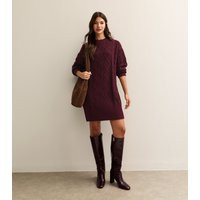 Women's Dark Burgundy Cable Knit Crew Mini Dress New Look | New Look (UK)
