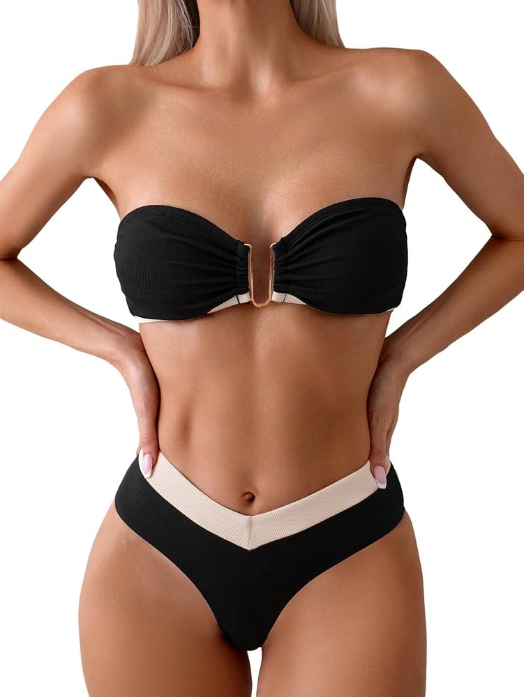 WDIRARA Women's 2 Piece Swimsuit Colorblock Ruched Tie Back Wireless Bandeau Bikini Set Beach Wea... | Amazon (US)