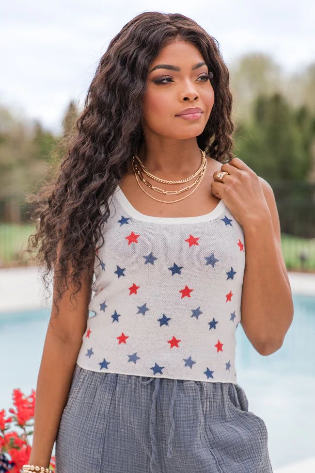 Take It In Stride Red White And Blue Star Printed Sweater Tank | Pink Lily