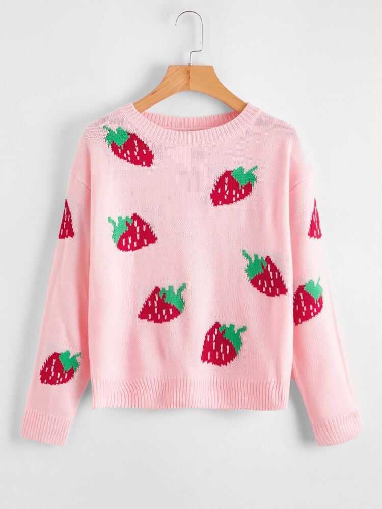 Drop Shoulder Strawberry Pattern Sweater | SHEIN