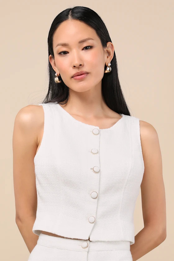 Monique White Tweed Button-Up Vest Top | Lulus