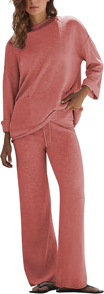 Women's 2 Piece Sweater Set Long Sleeve Knit Top Wide Leg Pants Spring Fall Winter Casual Lounge ... | Amazon (US)