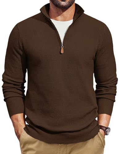 COOFANDY Mens 1/4 Zip Pullover Quarter Zip Up Dress Long Sleeve Sweater Light Business Casual Textured Pullovers Brown | Amazon (US)