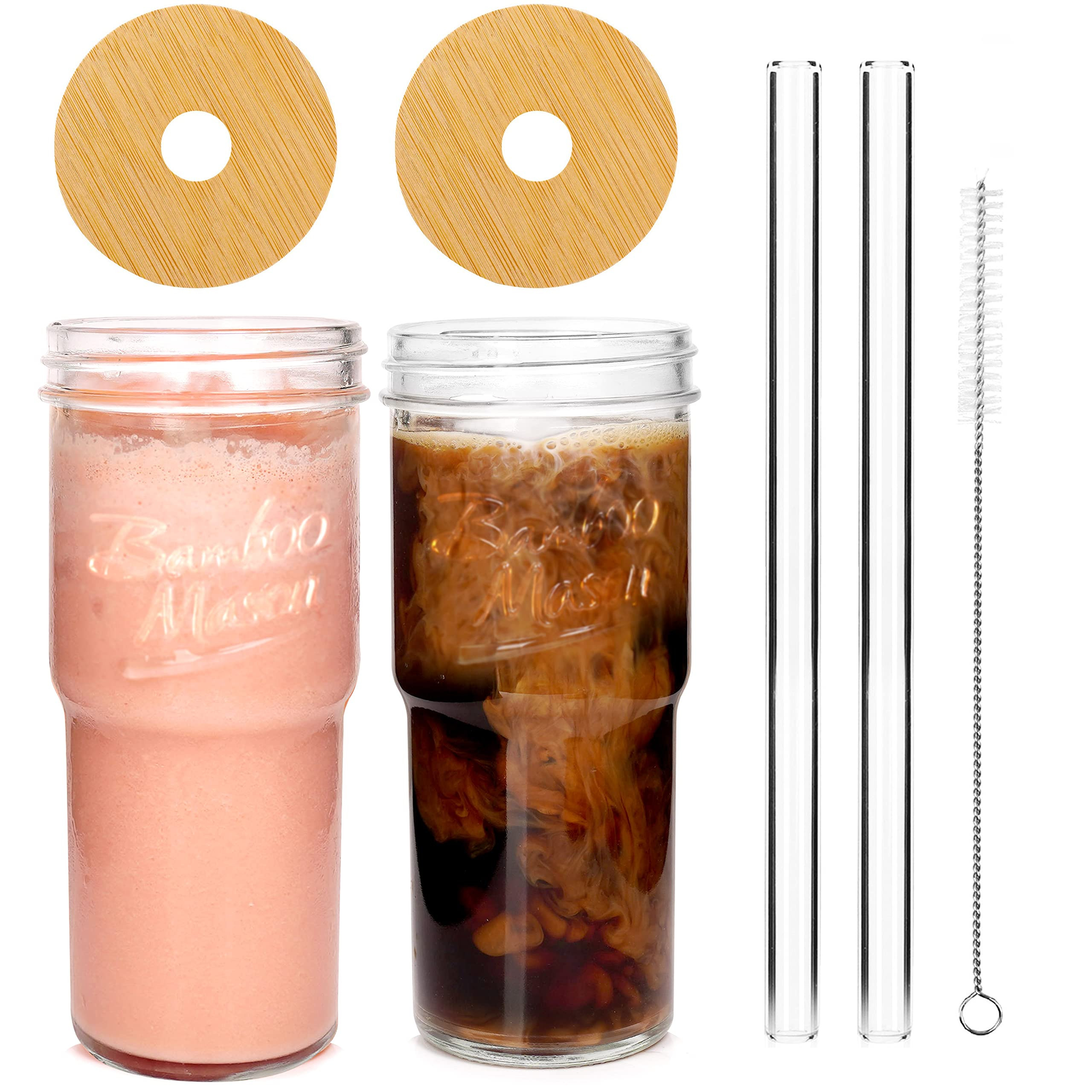 ANOTION Glass Cups with Lids and Straws 2 Packs, 24oz Travel Coffee Mug Wide Mouth Bamboo Mason J... | Amazon (US)