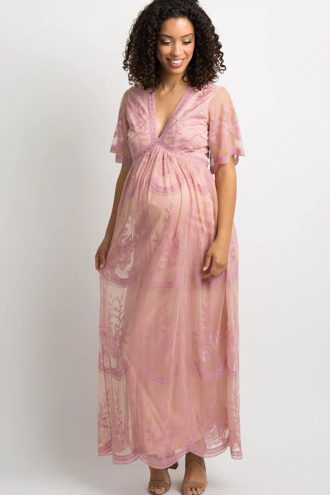 Pink Lace Mesh Overlay Maternity Maxi Dress | PinkBlush Maternity