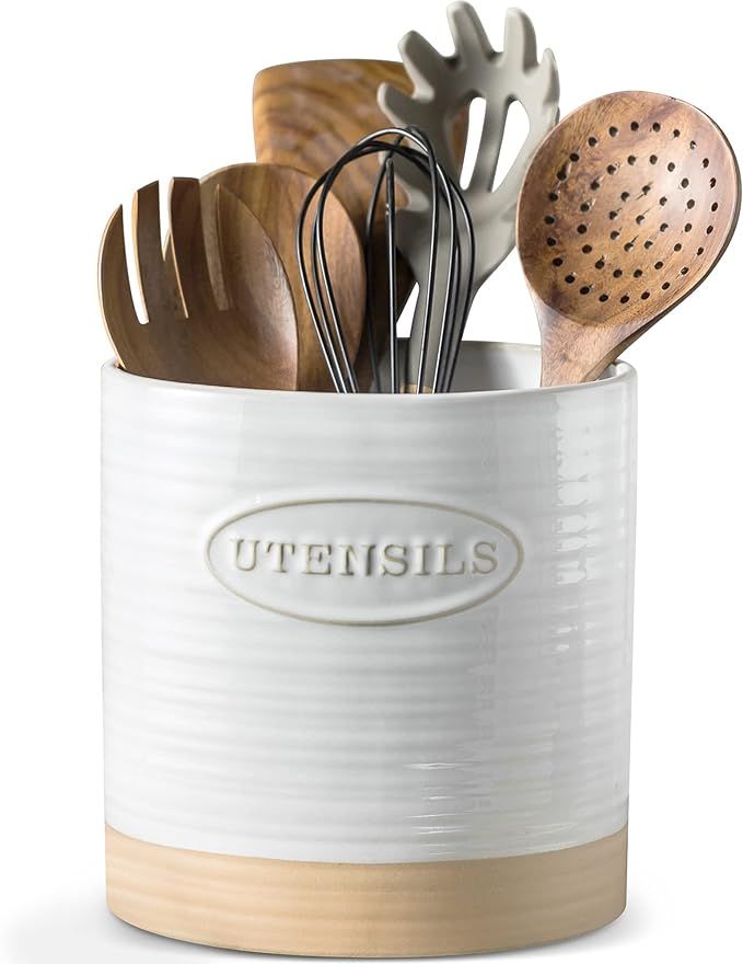 Porcelain Utensil Crock for Kitchen Countertop Large Oval Utensil Holder Two-tone Finish Rustic U... | Amazon (US)