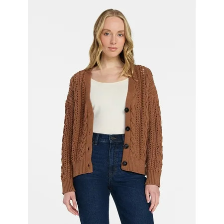 Time and Tru Women's Cable Knit Cardigan Sweater with Long Sleeves, Lightweight, Sizes XS-XXXL | Walmart (US)