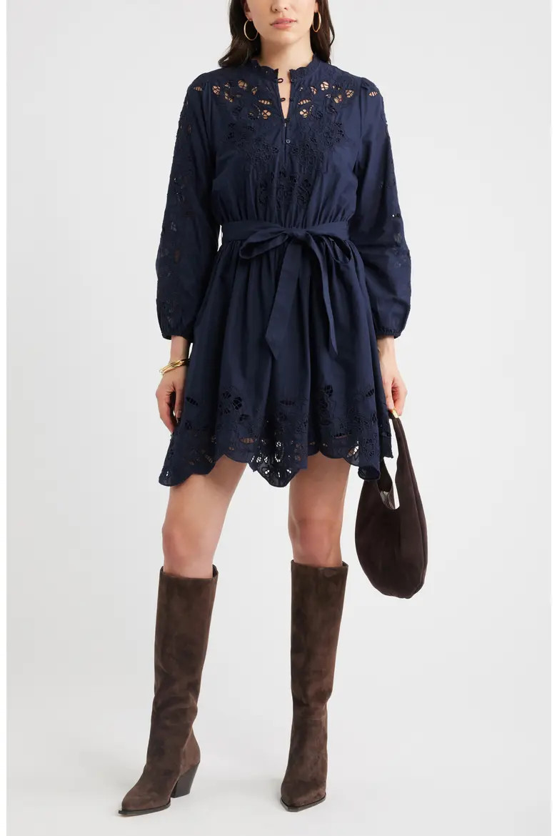 Embroidered Long Sleeve Tie Waist Minidress (Women) | Nordstrom | Nordstrom