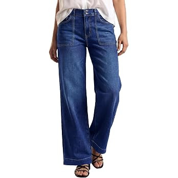 Sidefeel Women's High Waisted Stretchy Straight Leg Jeans | Front Big Pockets,Double Button Waist... | Amazon (US)