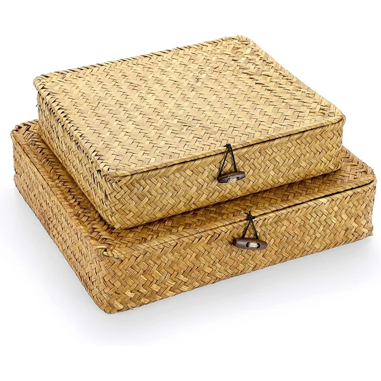 Set of 2 Flat Woven Wicker Storage Bins with Lid Natural Seagrass Basket Boxes Multipurpose Home ... | Walmart (US)