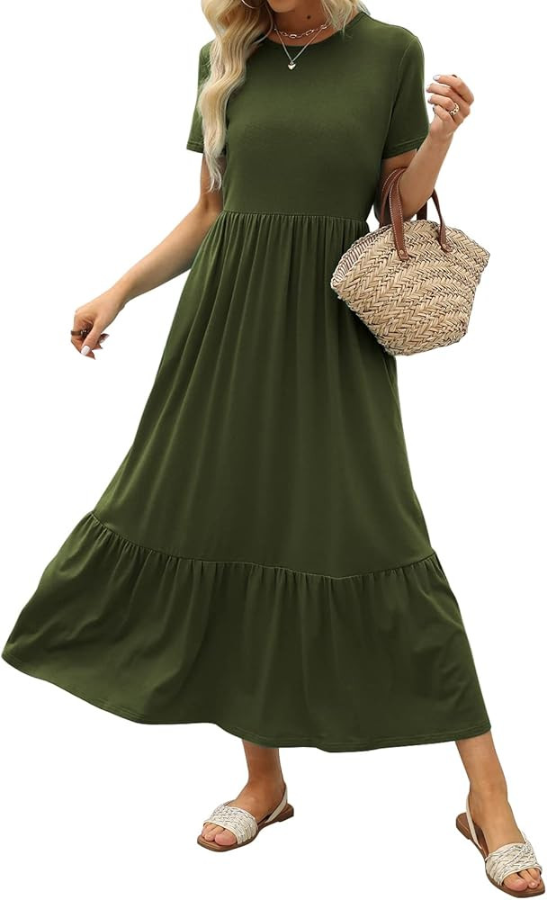LILLUSORY Womens Short Sleeve Crew Neck Tiered Flowy Swing Midi Dresses with Pockets | Amazon (US)