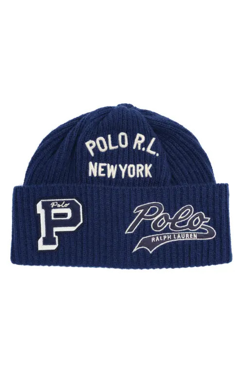 Polo Ralph Lauren Patch Watch Wool Blend Beanie in Rustic Navy at Nordstrom | Nordstrom