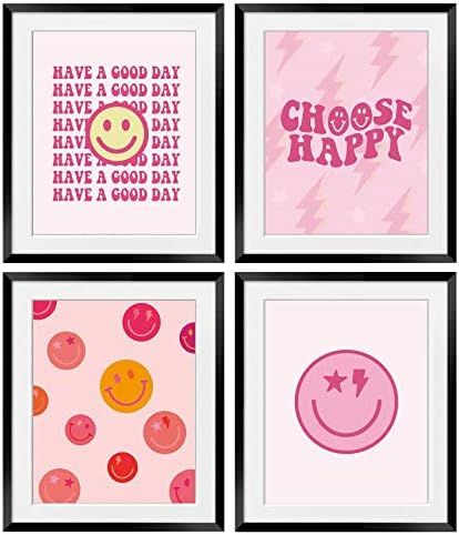 Amazon.com: OGILRE Pink Smiley Face Preppy Inspirational Quotes Choose Happy Wall Art Decorations... | Amazon (US)