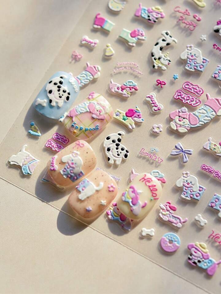 1pc 5D Relief Pink Sausage Dog Nail Stickers Cute Cartoon Dog Bow Adhesive Nail Art Stickers DIY ... | SHEIN