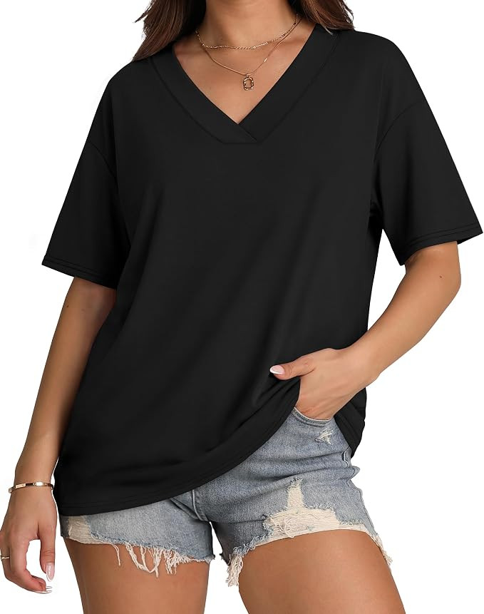 WIHOLL Oversized Tshirts for Women 2026 Summer Tops Short Sleeve V Neck Shirts Basic Tee | Amazon (US)