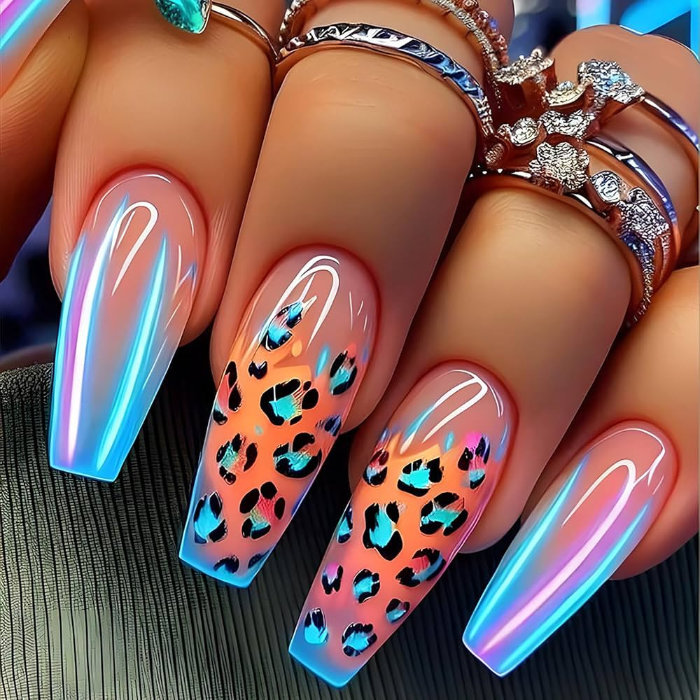 Leopard French Tip Press on Nails Long Length Ballet Shaped Full Cover Glossy Gradient Acrylic Fa... | Amazon (US)