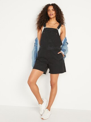 Slouchy Straight Black Distressed Non-Stretch Jean Short Overalls for Women | Old Navy (US)