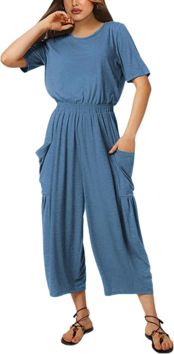 Fiona Jolin Jumpsuits for Women Casual Summer Short Sleeve Wide Leg Jumper Long Rompers with Pock... | Amazon (US)