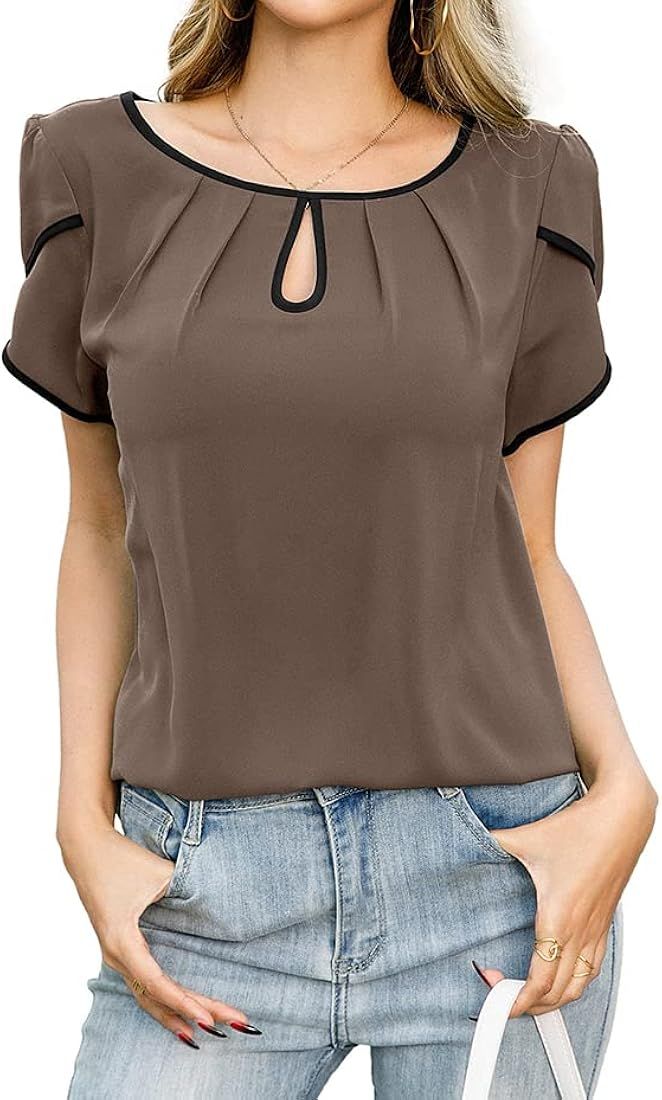TASAMO Women's Casual Summer Blouses Pleated Petal Cap Sleeve Round Neck Keyhole Loose Shirt Top ... | Amazon (US)