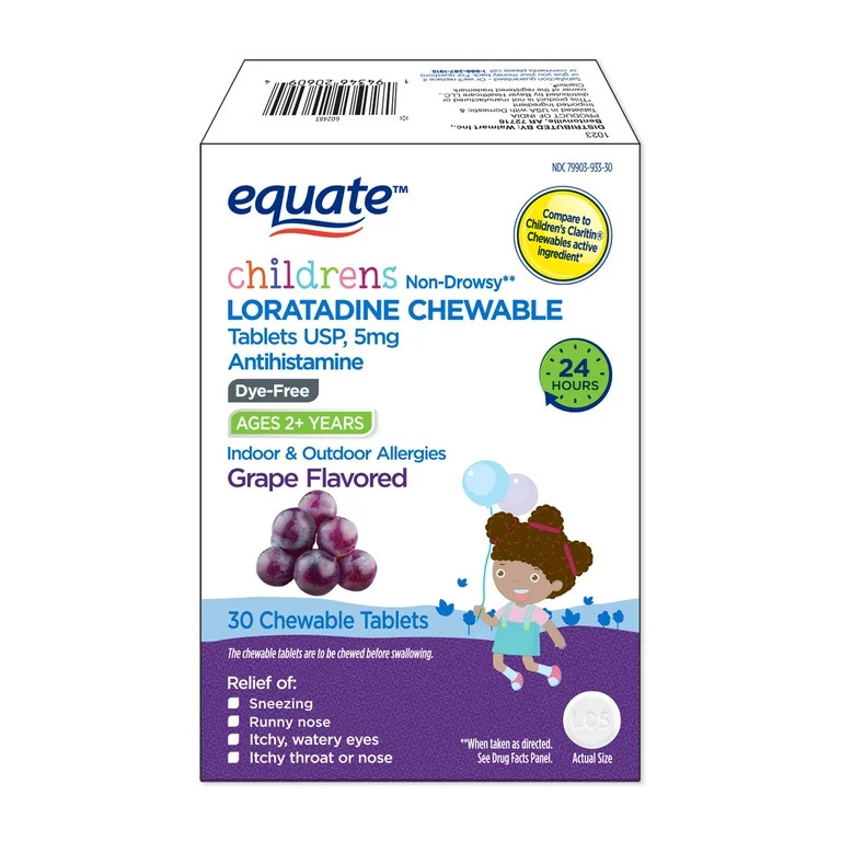 Equate Children's Dye-Free Non-Drowsy Loratadine Grape Flavor Chewable Tablets, 5 mg, 30 Count | Walmart (US)
