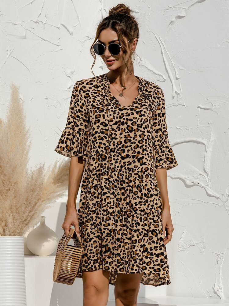 Tie Neck Leopard Print Ruffle Hem Dress | SHEIN