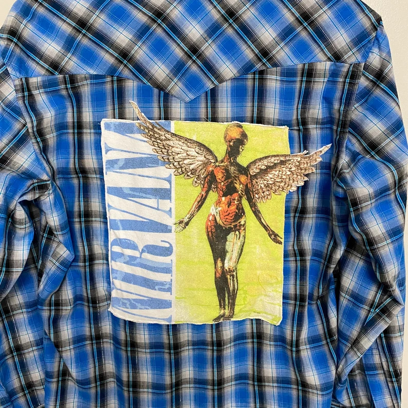 Plaid button down with band tee - unisex clothing - upcycled clothing - plaid top - band tees - g... | Etsy (US)