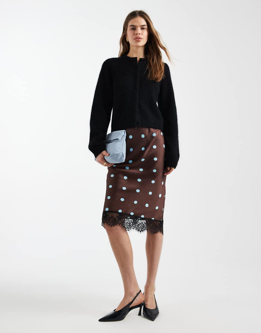 New Look polka dot lace satin midi skirt in brown | ASOS (Global)