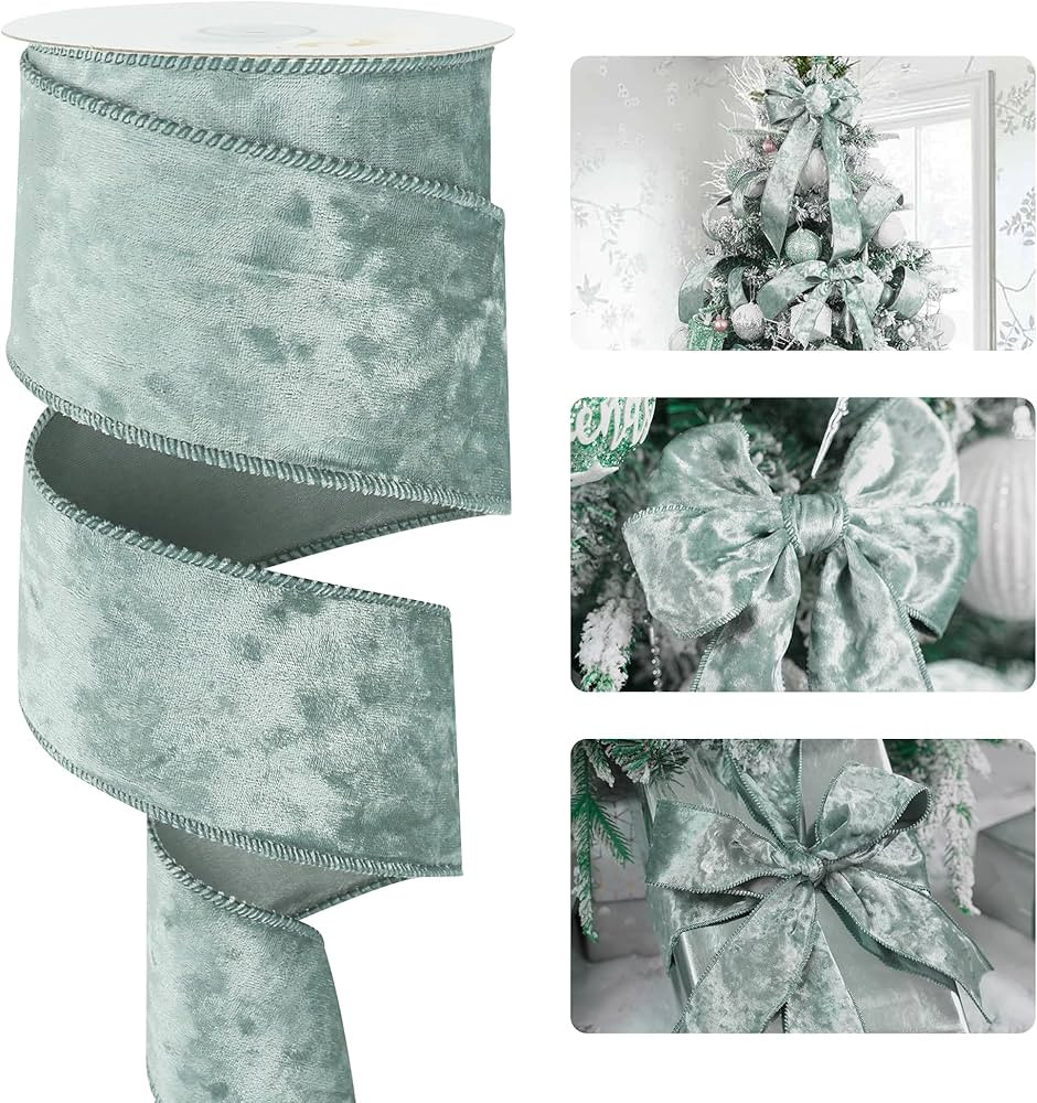 HUIHUANG Dusty Blue Velvet Wired Ribbon 2-1/2 inch, Christmas Velvet Ribbon for Christmas Tree, L... | Amazon (US)