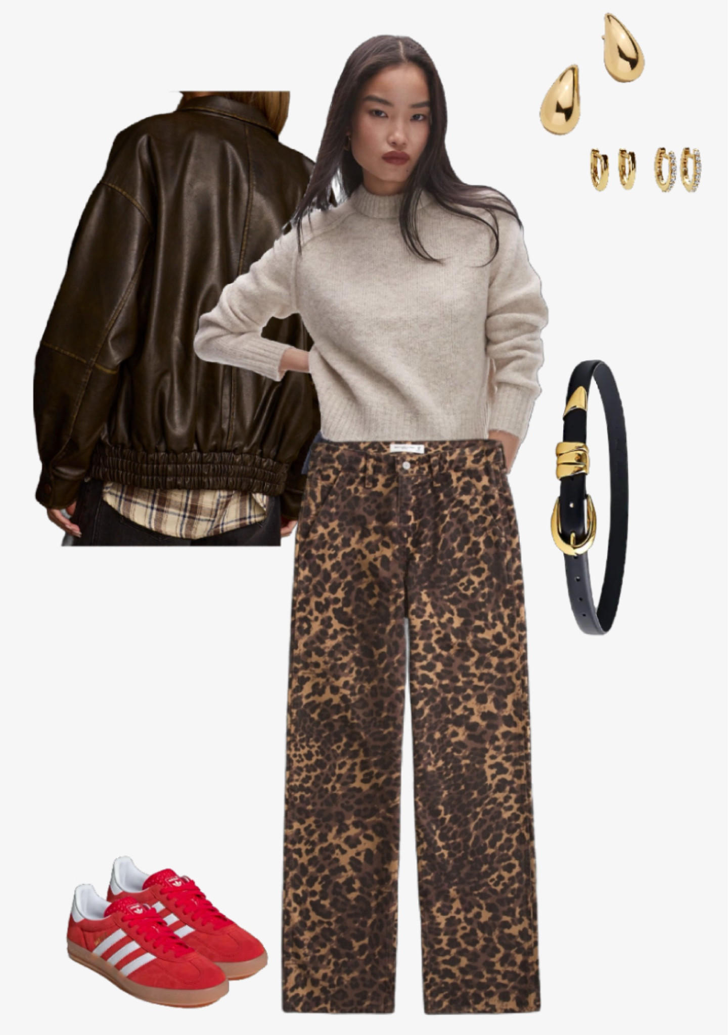 I present to you, the perfect fall outfit! Leopard print denim paired with this staple sweater! Add an oversized leather jacket, some adidas for a pop of red and some staple accessories! Love this for a casual fall outfit perfect for a weekend full of activities! 

#LTKCyberWeek #LTKSeasonal