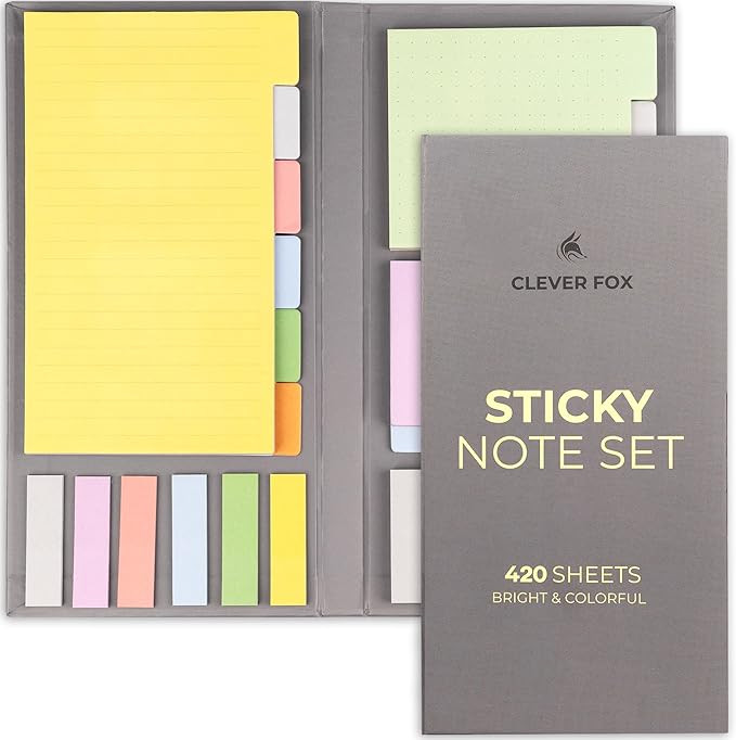 Clever Fox Sticky Note Set – 420 Lined Notes, Tabs & Bookmarks for Books & Notebooks – Office... | Amazon (US)
