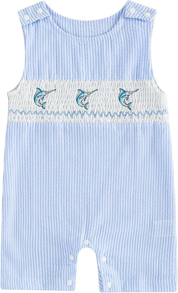 Newborn Baby Boys Sleeveless Seersucker Romper One Piece Straps Overalls Striped Jumpsuit Summer ... | Amazon (US)