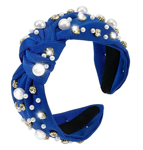 Mixcbe Pearl Knotted Jeweled Darkblue Headband for Women Pearl Rhinestone Crystal Embellished Hairband Ladies Wide Top Knot Bride Headband Bachelorette Party Hair Accessories Gifts(Pearl-darkblue) | Amazon (US)
