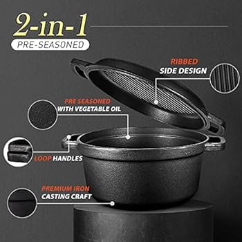 Pre-Seasoned Cast Iron 2-In-1 Heavy-Duty 5.5qt Dutch Oven With Skillet Lid Set, Oven,Grill, Stove... | Amazon (US)