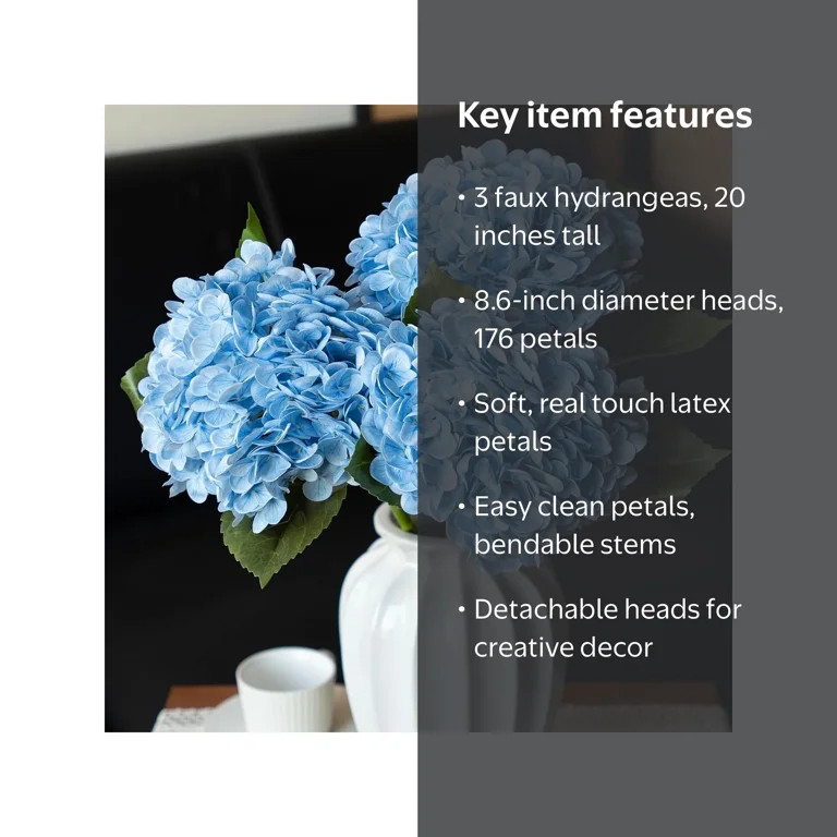 UU&T 3Pcs Hydrangea Artificial Flowers, 20'' Blue Fake Latex Hydrangea with Stems Leaves for Home... | Walmart (US)