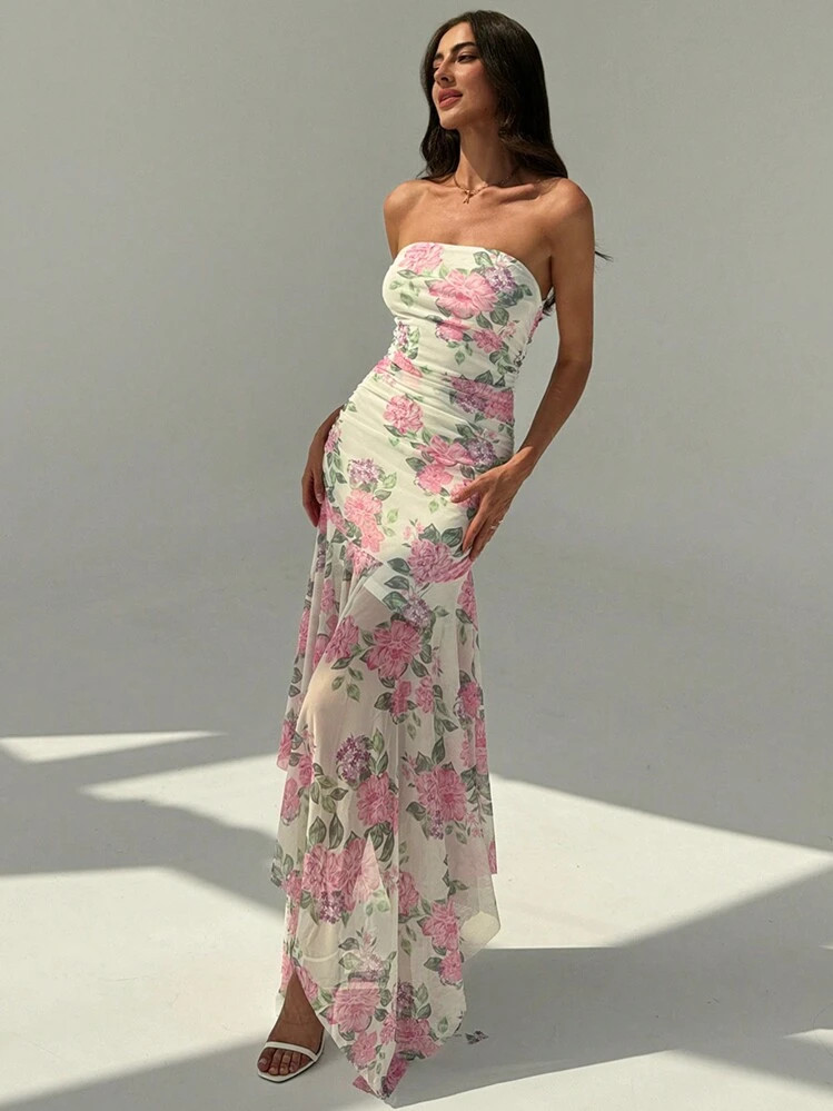 Aloruh Romantic Strapless Floral Mesh Asymmetrical Hemline Bodycon Dress For Dating, Spring/Summe... | SHEIN