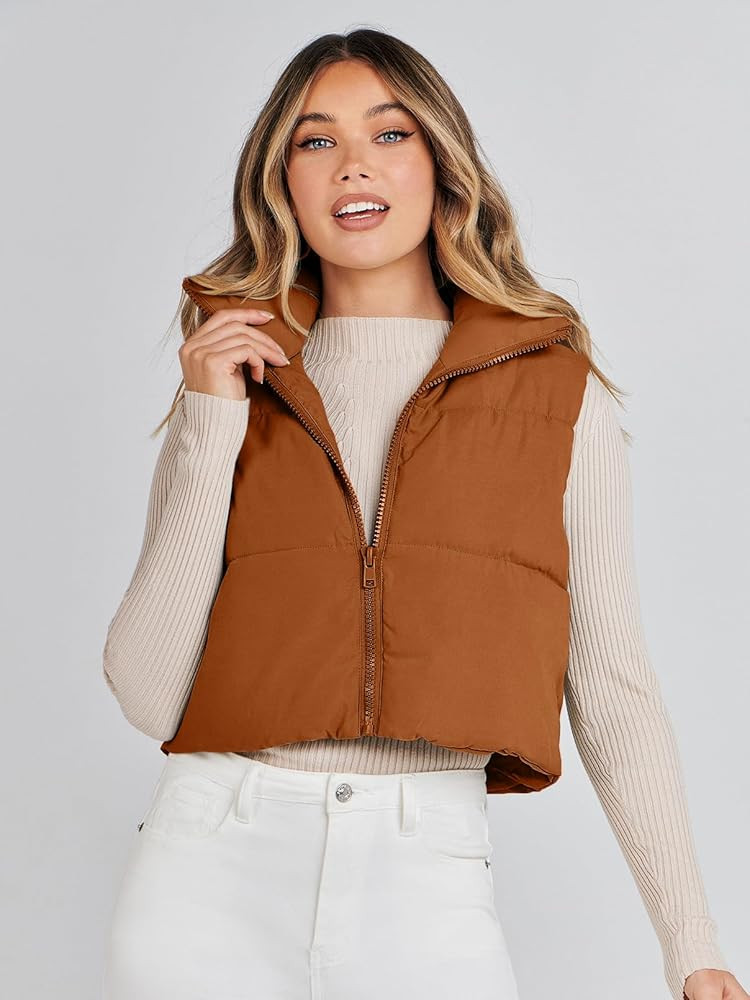 MEROKEETY Women's Crop Puffer Vest Lightweight Stand Collar Sleeveless Zip Up Padded Gilet Coat | Amazon (US)