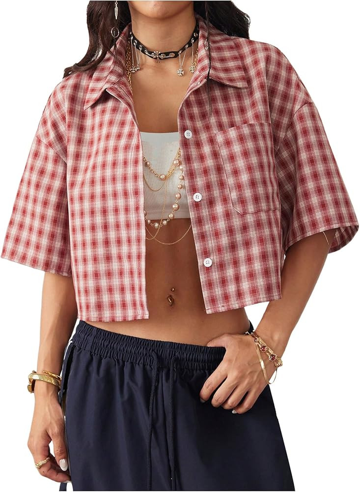 SOLY HUX Women's Button Down Vintage Plaid Shirts Short Sleeve Crop Blouses Preppy Clothes | Amazon (US)