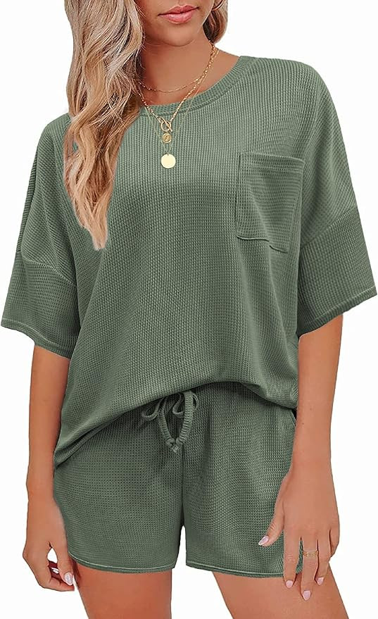 Andeip Pajamas Womens Waffle Knit Lounge Set Short Sleeve Top and Shorts 2 Piece Loungewear Outfi... | Amazon (US)