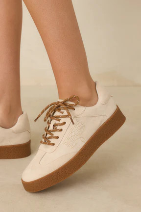 Stand Your Ground Natural Faux Suede Decorative Stitching Lace Up Sneakers | Red Dress