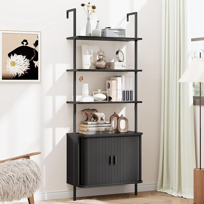 72" Tall Fluted Bookshelf, 4-Tier Open Display Ladder Shelf, Black | Amazon (US)