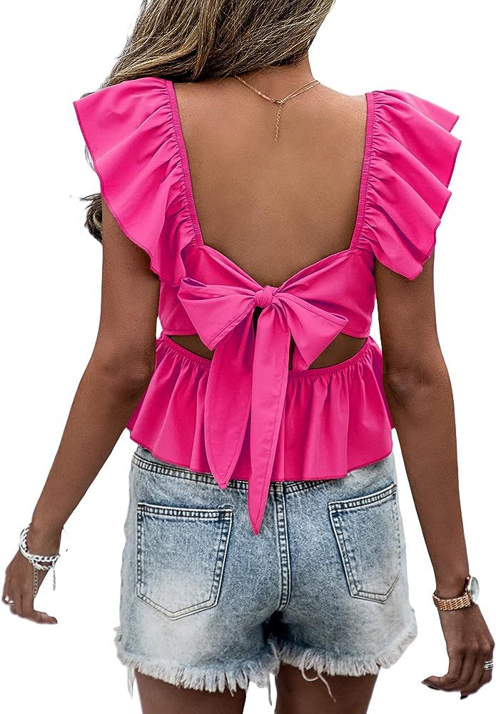 Verdusa Women's Tie Back Square Neck Cap Sleeve Ruffle Trim Peplum Blouse Top | Amazon (US)