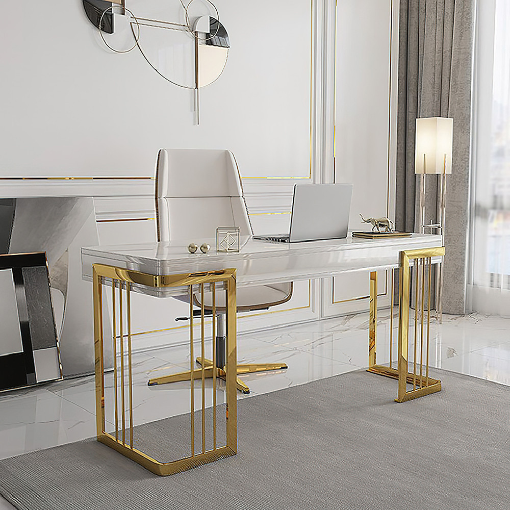 47" Glossy White Wooden Writing Desk Modern Desk Computer Desk with Drawers in Gold Base | Homary
