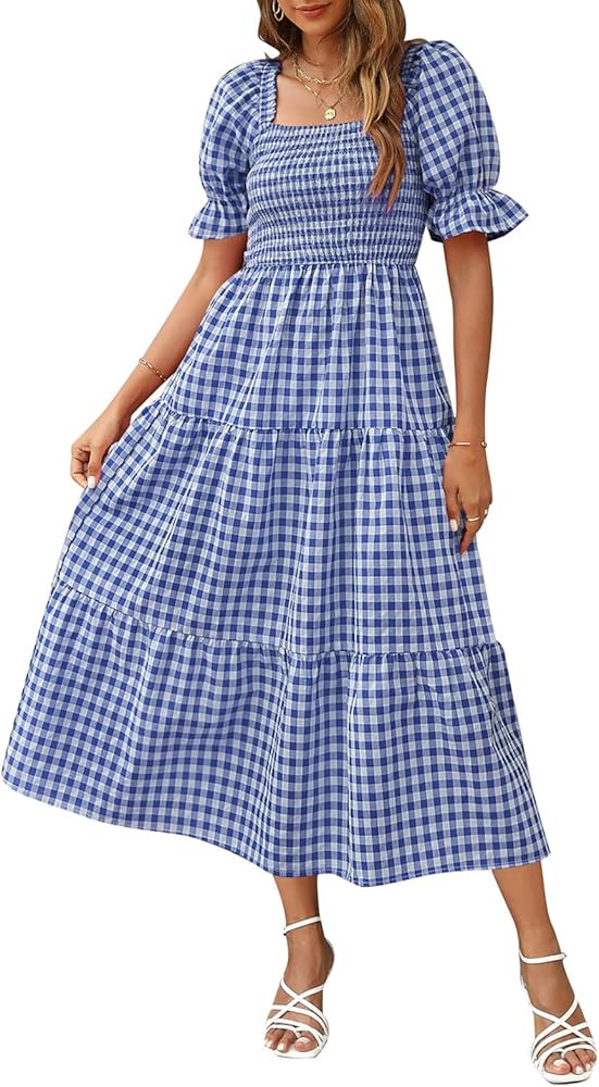 ZESICA Women's 2024 Bohemian Summer Plaid Square Neck Puff Sleeve Ruffle Flowy Beach Midi Dress | Amazon (US)
