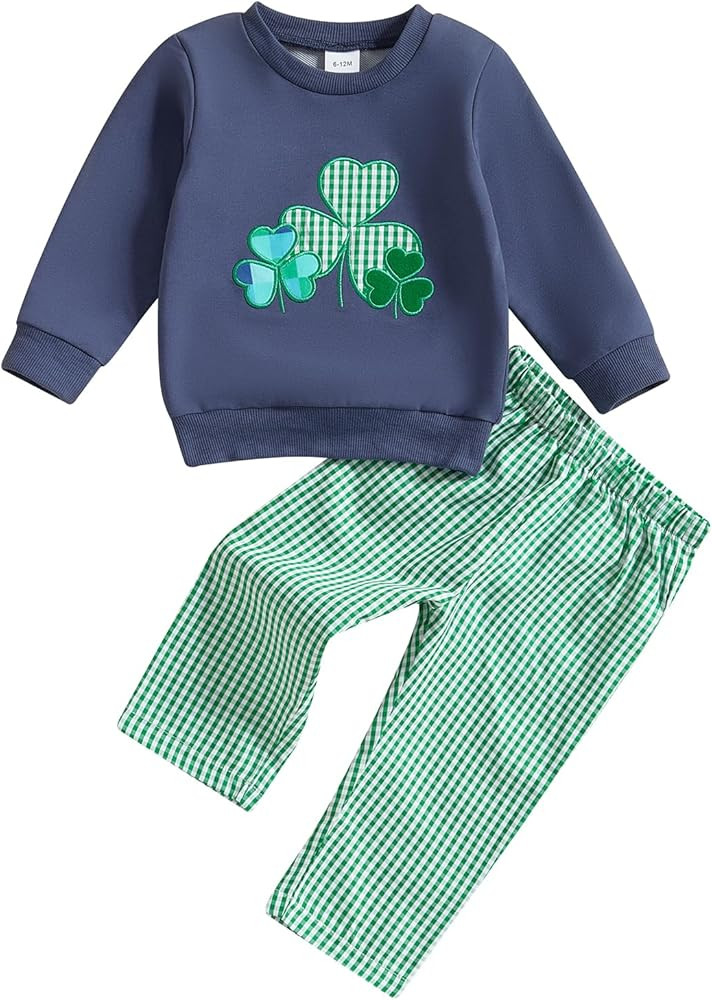 Infant Toddler St Patricks Day Baby Boy Outfit Clover Embroidery Sweatshirt Pullover Plaid Pants ... | Amazon (US)